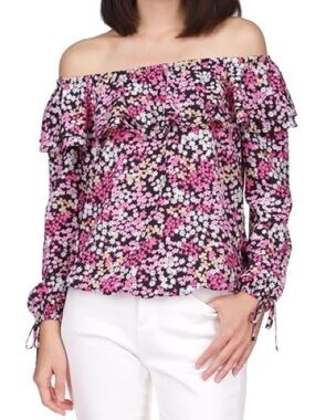 NWT MICHAEL KORS Womens Ruffled Tie Floral 3/4 Sleeve Off Shoulder Blouse